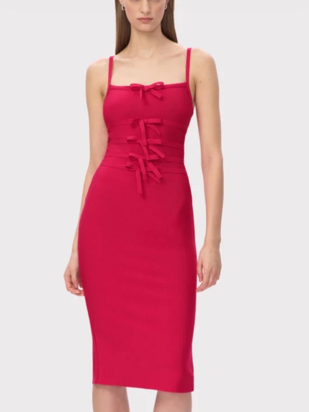 Herve Leger Alicia bandage Hibiscus pink red bodycon midi dress size L